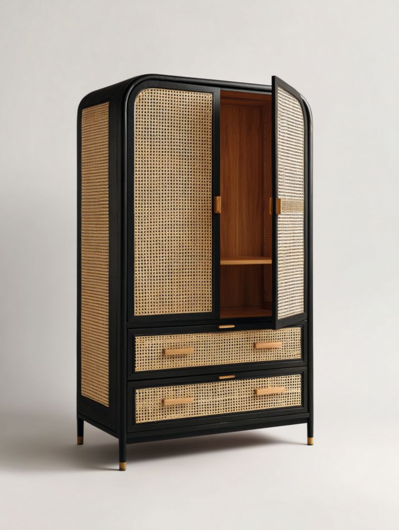 Kleiderschrank aus Rattan und Holz für Schlafzimmer und Flur - 80 x 40 x 180